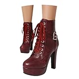LDXEQIZ Fashion Stiefeletten Mit Doppelschnalle Damen PU-Leder Schnürstiefel Plateau Ankle Boots Mit Absatz Große Größe Booties Frauen Elegant High Heels,36-43EU(Red,37 EU)