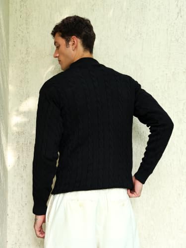 Image of Kvetoo Men's Wool High Neck Zipper Sweater, Full Sleeve Cable Knit Quarter Zip Winter Pullover