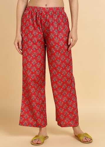Image of Cotton Printed Co-ord Set, Red Rose, 3 /4 Sleeve Top with Mandarin Neck, Regular Fit Pants, Casual Wear