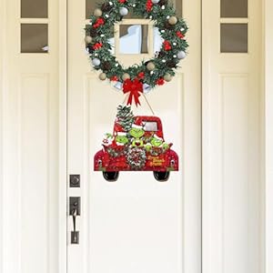Christmas Door Hanging Sign Decorations, Wooden Christmas Wall Hanging Decor, Truck Wreath Pattern Front Door Signs for Porch Wall Indoor Outdoor Holiday Decor (Green) Christmas Door Hanging Sign Decorations Wooden Christmas Wall Hanging Decor Truck Wreath Pattern Front Door Signs for Porch Wall Indoor Outdoor Holiday Decor Green