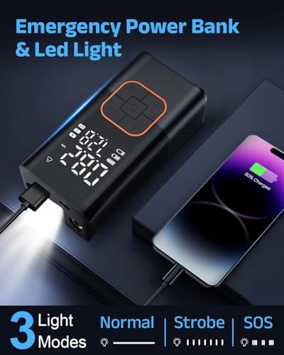 Elektrische Luftpumpe, Kabellose Elektrische Reifenpumpe & Fahrradpumpe mit Digitalem Manometer (150 PSI), Dualwertanzeige, LED-Leuchte, Tragbarer Fahrradpumpe für Auto/Fahrrad/Motorrad/Ball