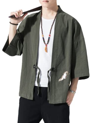 Image of Men's Japanese Kimono Cardigan Loose Cotton Linen 3 /4 Sleeve Open Front Casual Summer Shirt Jackets