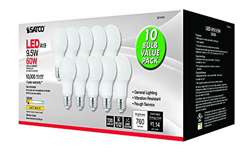 Image of Satco S11410, A19 LED Light Bulbs, 60W Replacement, 3000K, 10-Pack | 760 lumens each, 90 CRI, Enclosed fixture rated, Damp location approved, Title 20 compliant