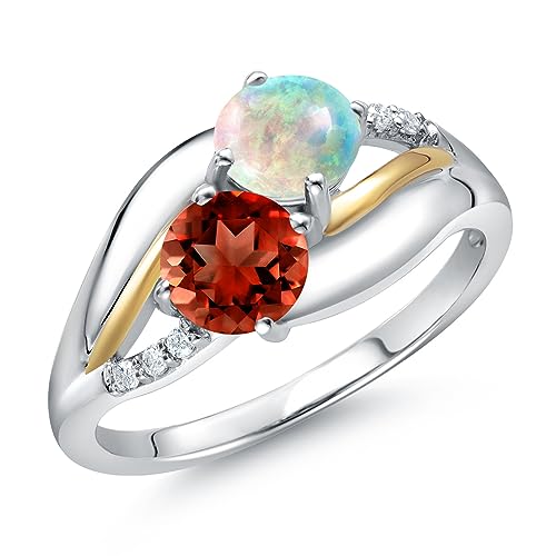 925 Sterling Silver and 10K Yellow Gold Red Garnet White Simulated Opal and Lab Grown Diamond 2 Stone Engagement Ring For Women (1.54 Cttw, Round, January Birthstone, Available In Size 5, 6, 7, 8, 9)
