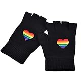 LEJIA Guantes unisex de punto de invierno sin dedos, diseño de rayas arcoíris y corazón bordado, Negro + arcoíris, 18x9.5cm(7.09x3.74in)