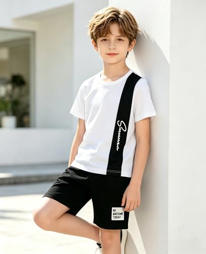 Image of Ayzozuy Boy Clothes Colorblock Top + Drawstring Waist Shorts 2 Pieces Kid Summer Outfits Set