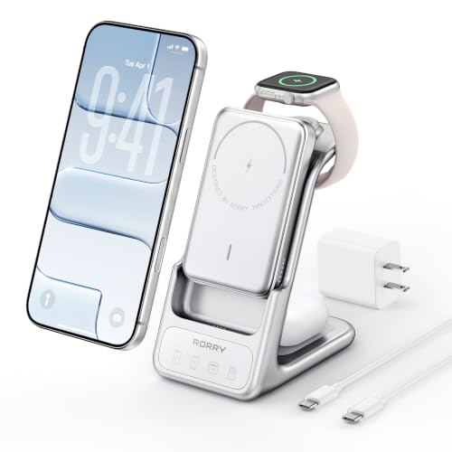 RORRY AuraDock Charging Station for Apple,10000mAh Detachable Power Bank | 3 in 1 for Magsafe Charger, 30W PD Wireless Magnetic Charging Station for iPhone, Apple Watch, AirPods