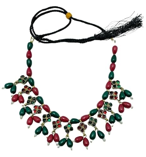 Red and Green Beaded Statement Choker Necklace, Handmade Stylish Ethnic