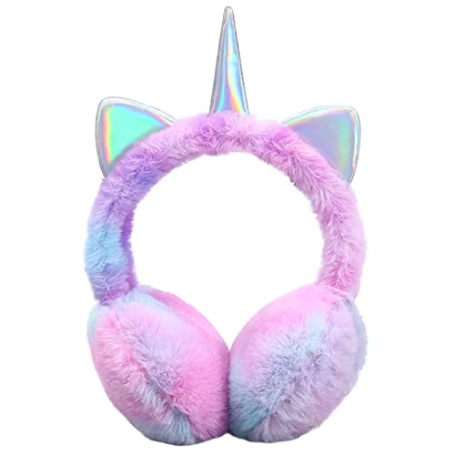 Cute Rainbow Unicorn Earmuffs for Women Kids Girls, Foldable Warm Soft Plush Comfortable Outdoor Winter Ear Warmers