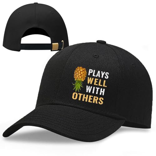 Plays Well with Others Snapback Hats for Men Cute Pineapple Theme Women Baseball Cap Fashionable Plain Black Trucker Hat Adjustabale Structed Snap Backpack Camping Baseball Hat Outdoor Golf Dad Cap