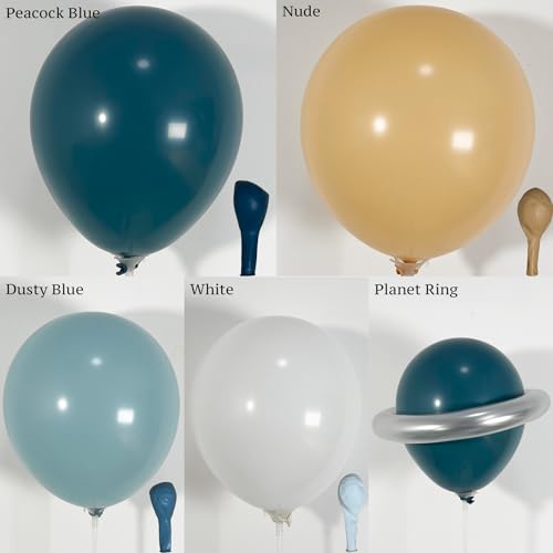 Image of ECEAE 137Pcs Space Balloon Arch Garland Kit - Dusty Blue Nude White Color Balloons with Rocket Astronaut Moon Star Balloons, for First Trip Around the Sun Baby Boy Birthday Party Decorations