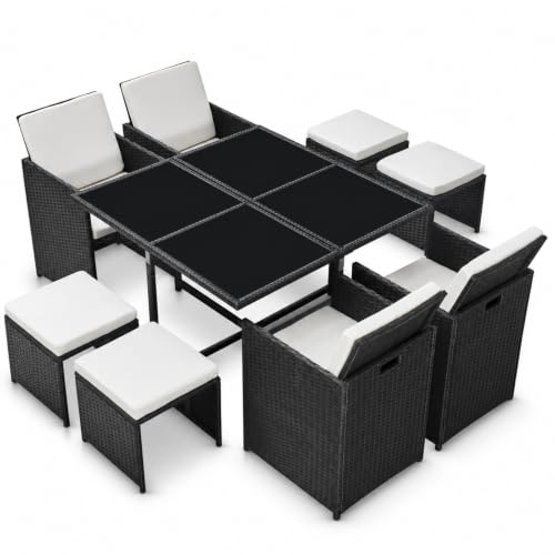 Image of BSTSEL 8 Seater Rattan Garden Dining Set with Cushions, Outdoor Sofa Set with Glass Dining Table, 4 Chairs & 4 Stools, Space Saving Outdoor Furniture for Patio Conservatory Garden, Black & White