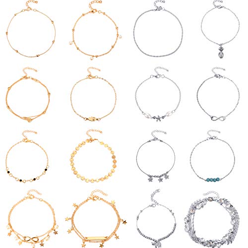 Yaomiao 16 Pieces Beach Ankle Bracelets Adjustable Anklets Boho Ankle Chains Foot Jewelry Set for Women Girls (Sliver and Gold)