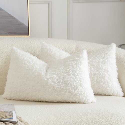 Image of YAERTUN Pack of 2 Faux Fur Cushion Covers Decorative Sherpa Boucle Throw Pillow Covers Fuzzy Soft Sheepskin Fleece Pillowcases for Couch Sofa Bed Living Room 12x20 Inch 30x50cm Cream White