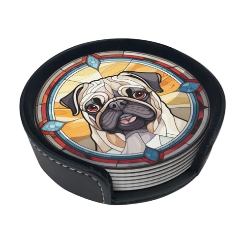 Drink Coaster Set of 6, Pug Dog Mom Lover Gift,Leather Drink Coasters with Holder,6 Pack Cup/Bar/Drink Coasters for Table/Drinks/Coffee Protection Housewarming Gift