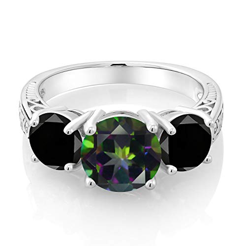 Gem Stone King 4.50 Ct Round Green Mystic Topaz Black Diamond 925 Sterling Silver 3-Stone Ring (Size 9) #TOP1