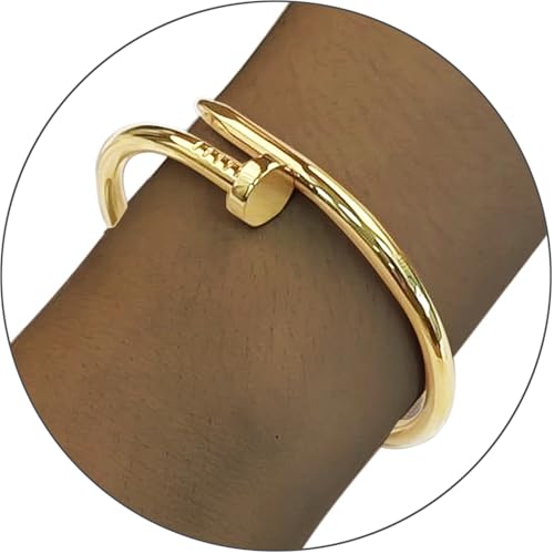 YOYONY Stackable Bracelets 3 pcs 18K Gold Nail Bracelet,Oval Love Cuff Bracelet,Four Leaf Clover Chain Bracelet,Stainless Steel,7 Inch,Open Buckle Style,Gift For Women.2