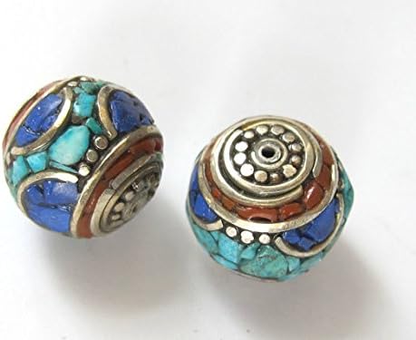 Focal Tibetan brass bead with turquoise coral and lapis inlay - 1 bead - BD233
