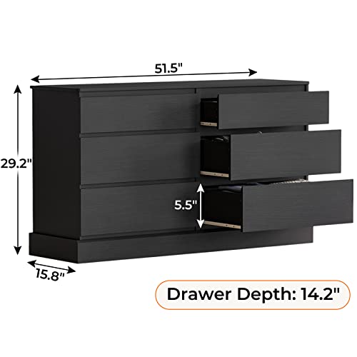 Hasuit 6 Drawer Double Dresser, 51.5''W Wooden Storage Chest Of 6 Drawers, Large Capacity Clothing Storage Cabinet, Wide Black Dresser For Bedroom #TOP1