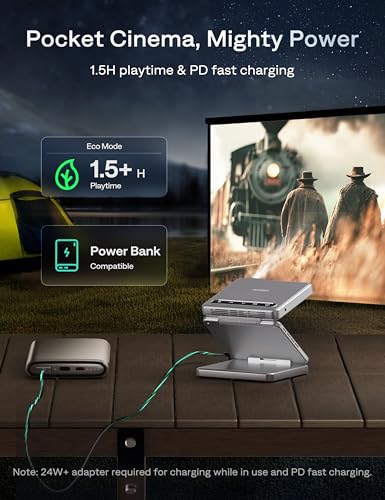 Image of Aurzen ZIP Tri-Fold DLP Portable Mini Projector with Bluetooth 5.4, Screen Mirroring, 5000mAh Battery, Type-C Fast Charging, Zero-Lag Focus&Keystone,720P Pico Projector,Built-in Stand, 20 inch-125 inch,White