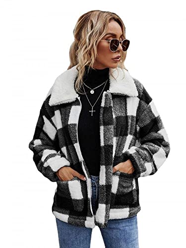 Comeon Women's Coat Casual Lapel Fleece Fuzzy Faux Shearling Zipper Coats Warm Winter Oversized Outwear Jackets (Black White Plaid,Medium)