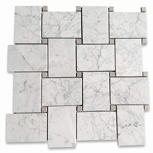 Stone Center Online Carrara White Marble Large Basketweave Mosaic Tile w/Cinderella Gray Tan Dots Honed Kitchen Bath Wall Floor Backsplash Shower (1 Sheet)