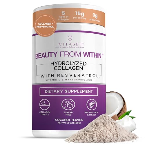 VITASEI Hydrolyzed Collagen Peptides Powder with Resveratrol & Vitamin C – Hair, Skin & Joint Support with Hyaluronic Acid – Colágeno Hidrolizado for Women & Men – Coconut Flavor, 16 oz (30 Servings)