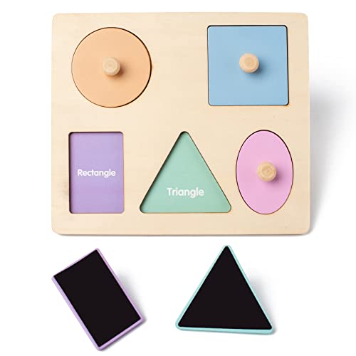 Montessori Wooden Colorful Geometry Pegged Puzzle with Knob Baby Toddler 1-3 Year Old Multi Shape Sorter Educational Toy Jigsaw, 5Pcs in Double Row