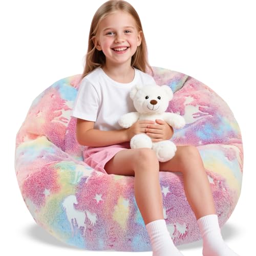 AmiCera Bean Bag Cover Kids Bean Bag without Filling Only Cover Rainbow Unicorn Beanbags for Children Flannel Comfortable & Safe Kids Sofa Stuffed Animal Storage Baby Beanbags Chair