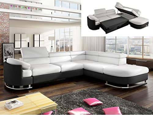 Vente-unique - Canapé d'angle Convertible en Simili MYSEN - Blanc et Noir - Angle Droit