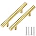 Kitmose 15 Pack Brushed Gold Cabinet Pulls Stainless Steel T Bar Pull Handles Modern Euro Tube Kitchen Cupboard Knobs Hardware for Closet Drawer Door Wardrobe (Overall Length 5