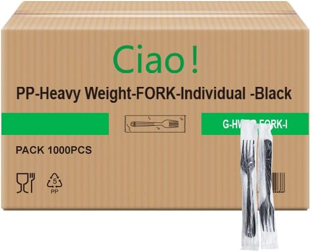 CIAO! Horquilla negra de polipropileno pesado de 7.3 pulgadas envuelta individualmente (caja de 1000)