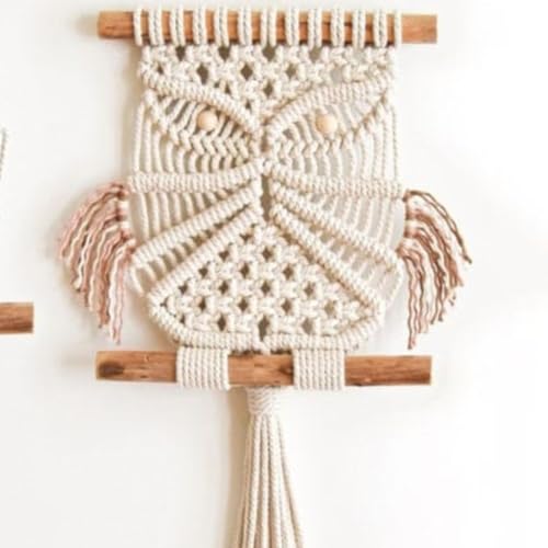 Image of tms Macrame Owl Wall Hanging - Off-White, 10x18 Inch | Handmade Boho Home Decor | Cotton Rope Wall Art | Vintage Owl Design | Living Room, Bedroom & Office Decoration | Housewarming & Gift Item
