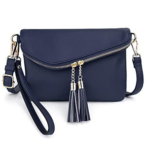 UTO Envelope Wristlet Clutch Crossbody Bag for Women Double Tassel Cellphone Trendy Purse with Strap and Zip Pocket Royal Blue