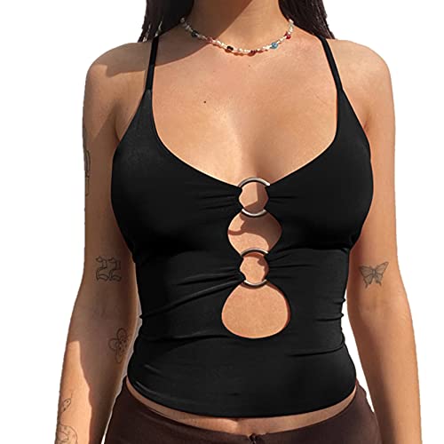 inlzdz Damen Camisole Y2K Spaghettiträger Crop Top mit O-Ring Low Cut Bikinioberteil Bralette Rückenfrei Ärmellose Weste Schnür Leibchen Sommertop Kurzes T-Shirt Schwarz S Cover