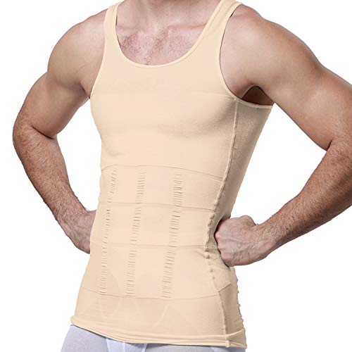 GKVK Mens Slimming Body Shaper Vest Shirt Abs Abdomen Slim, Beige, XXXL(Chest Size 126cm-130cm/50inches-52inches)