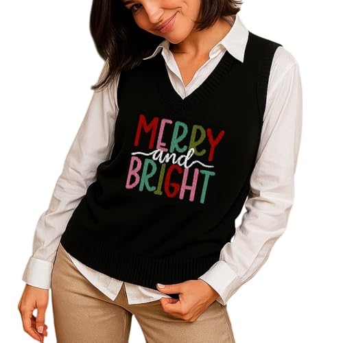 Unisex Merry and Bright Knitted Crewneck Sweater Vest Sleeveless Warm and Cozy Pullover for Men and Women Soft Comfortable Fit Casual Winter Layer Holiday Season 01 Sweater Vest XL Black