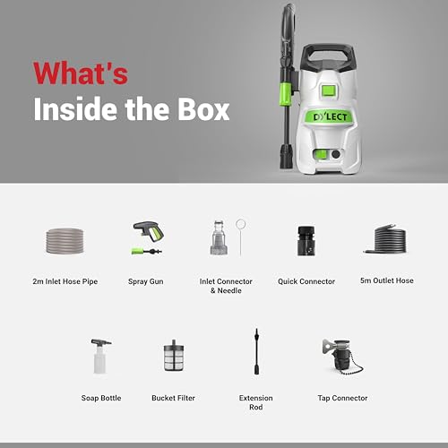 Image of DYLECT Ultra Flow Star High Pressure Car Washer Pump, 1800 Watts Motor, 120 Bars Pressure, 6.5L /Min Flow Rate, 5m Outlet Hose,Upright Design for Bike,Home Cleaning Purpose with 11 Accessories