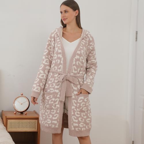 busy koala Soft Plush Hooded Robe, Cozy Warm Loungewear Large Bathrobe with Pockets for Women (White/Khaki) — view 4