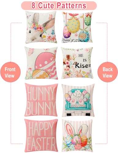 Image of multiwins 8-Sided Easter Pillow Covers Set of 4 with 2 Wooden Bunny Decorations, 20 x 20 Inch Reversible Decor with Bunny, Floral Eggs & inchHe is Risen inch Prints for Indoor /Outdoor, Spring Holiday Decor