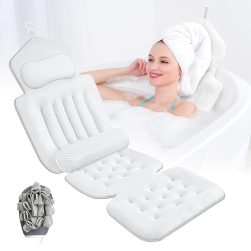 Snovire Badewannenkissen Ganzkörper, 134x41cm Badewannenmatte mit Kopfstütze und Lendenwirbelstütze, schnelltrocknend, hautfreundlich, mit Hängehaken und Badehandschuhe, für Eintauchen in Badewanne