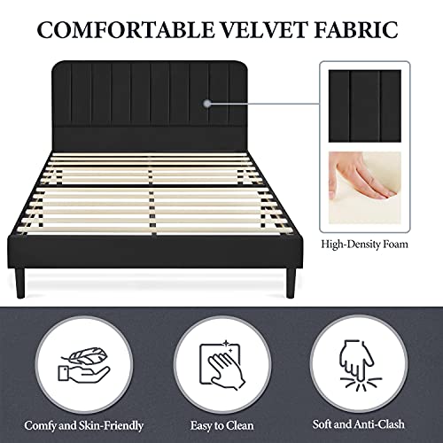Yaheetech Queen Velvet Upholstered Platform Bed Frame, Mattress Foundation With Channel Tufted Headboard And Wood Slat Support, No Box Spring Needed, Easy Assembly, Black #TOP5