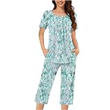 Auwer Womens Fashion Summer 2 Pc Pajamas Round Neck Short Sleeve Pleats Loose Capri Pants Printed Sleepwear with Pockets Light Blue