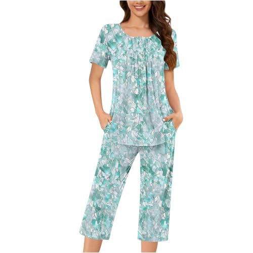 Auwer Womens Fashion Summer 2 Pc Pajamas Round Neck Short Sleeve Pleats Loose Capri Pants Printed Sleepwear with Pockets Light Blue