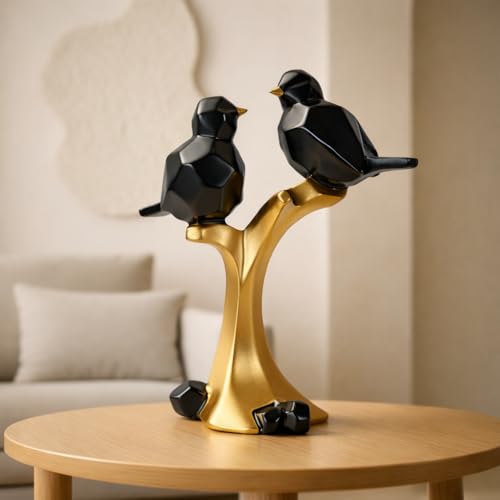 Image of Xtore Striking Geometric Bird Pair Sculpture for Home & Office Decor | Modern Black & Gold Perched Birds Showpiece for Living Room, Shelf & Table Styling (22 cm)