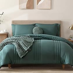 Queen Comforter Set-7 Pieces Blue Green Bed in a Bag Queen Bedding Sets | Monbix All-Season Vertical Quilted Comforter with Sheets, Pillow Shams & Pillowcases