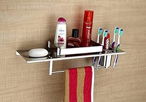 Ferio Stainless Steel 4 in 1 Multipurpose Bathroom Accessories Shelf/Shelves/Towel Rod Hanger/Tumber Holder/Toothbrush/Soap Dish (18 6 inch)-Pack of 1