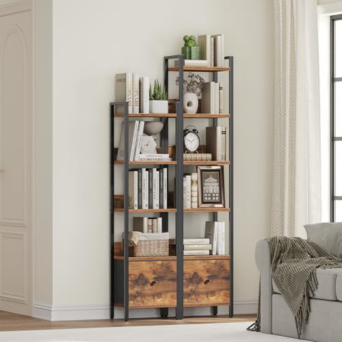 Bookshelf, 5-Tier Bookcase with Drawer, Small Book Shelf for Small Space, Storage Shelf Organizer, for Living Room, Bedroom, Study, Kitchen, Rustic Brown and Black BKHR55101 - Image 6