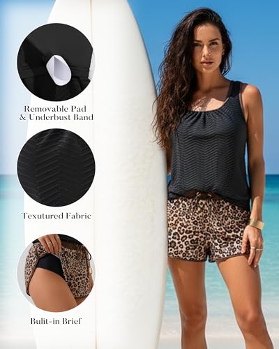 Image of Aidonger Women's Tankini Swimsuit Modest Two Piece Bathing Suit Tummy Control Athletic Blouson Tank Top with Short Bottoms