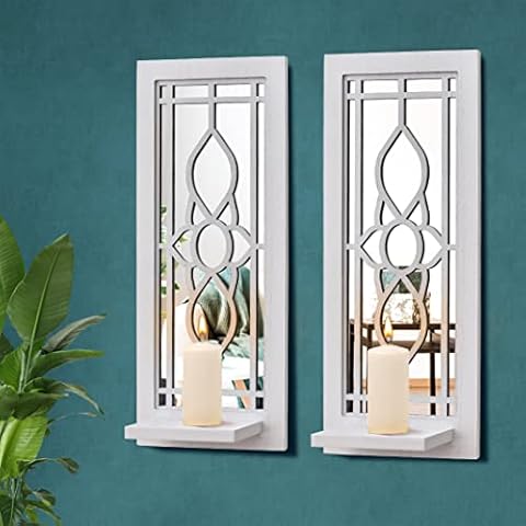 Pibeyer Rustic Wall Candle Holder Set of 2, Wooden Mirrored Candle Sconces, Farmhouse Home Wall Decor for Living Room, Dining Room, Wall Art Cover